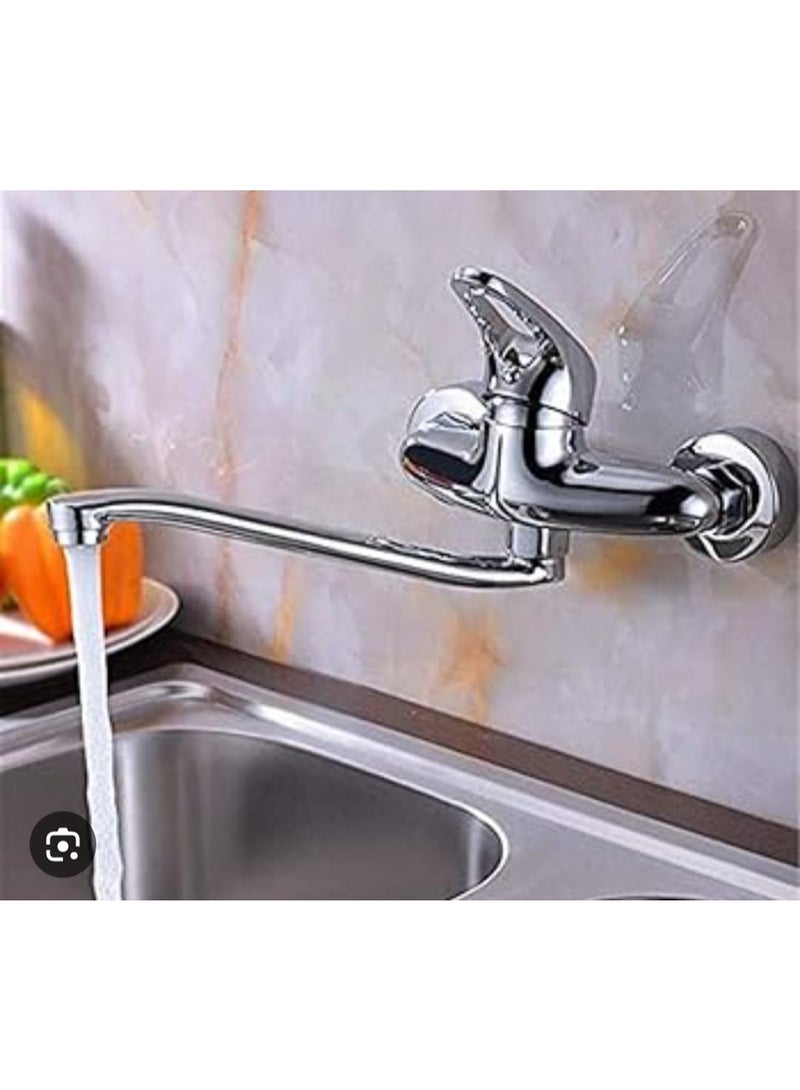 حنفية مطبخ حائط بذراع واحدة مخرج طويل متحرك 360 درجة خلاط مياه بارد وساخن تصميم كروم مقاوم للصدأ - Image 3